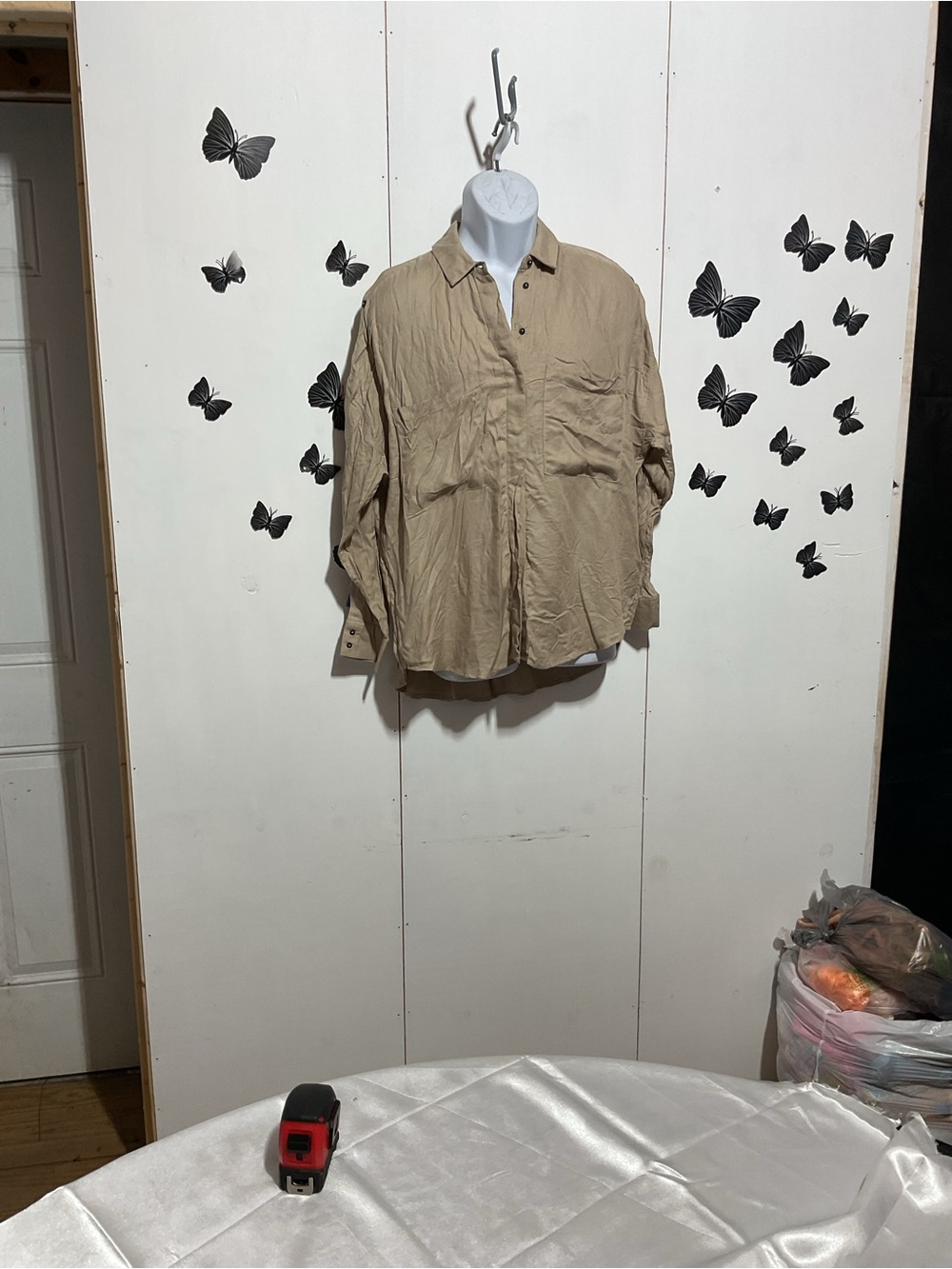 stradivarius Beige/Tan Lightweight Button-Up Shirt